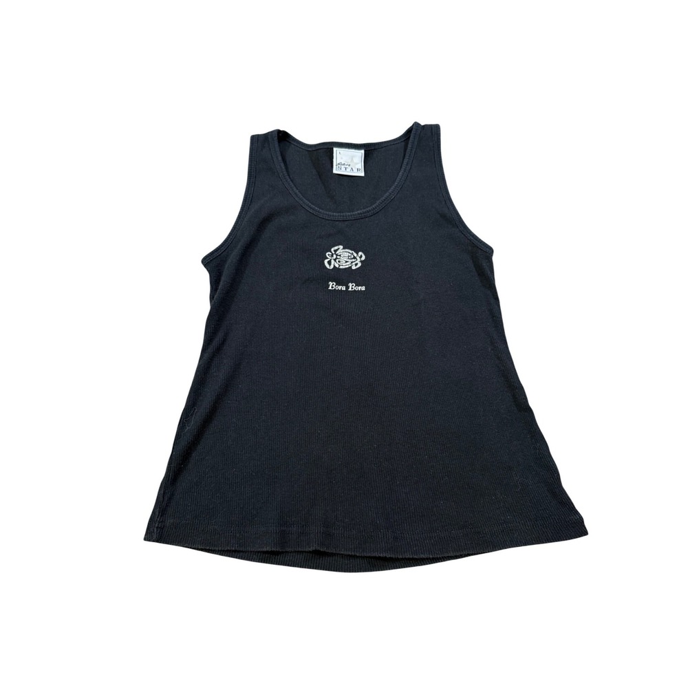 Y2K Tank Top Black Bora Bora Turtle Glitter Ribbed 2000s Vacation Coastal Large
